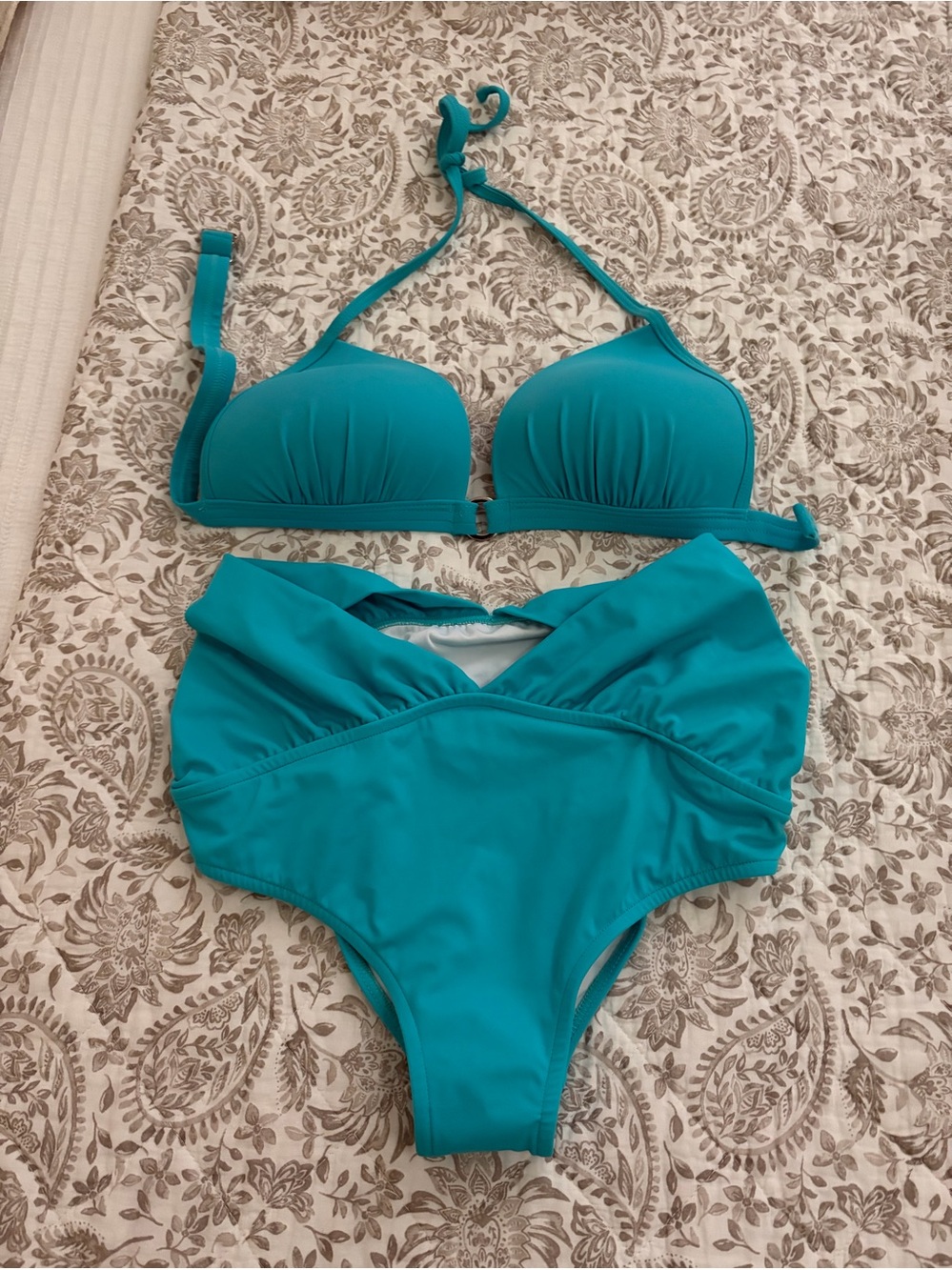 VENUS Turquoise Two-Piece Bikini with High-Waist Bottoms Size 10. Top D cup.